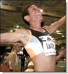 Regina Jacobs set a new World record with a 3:59.98 in the 1500. Photo courtesy of Jim Rhoades.